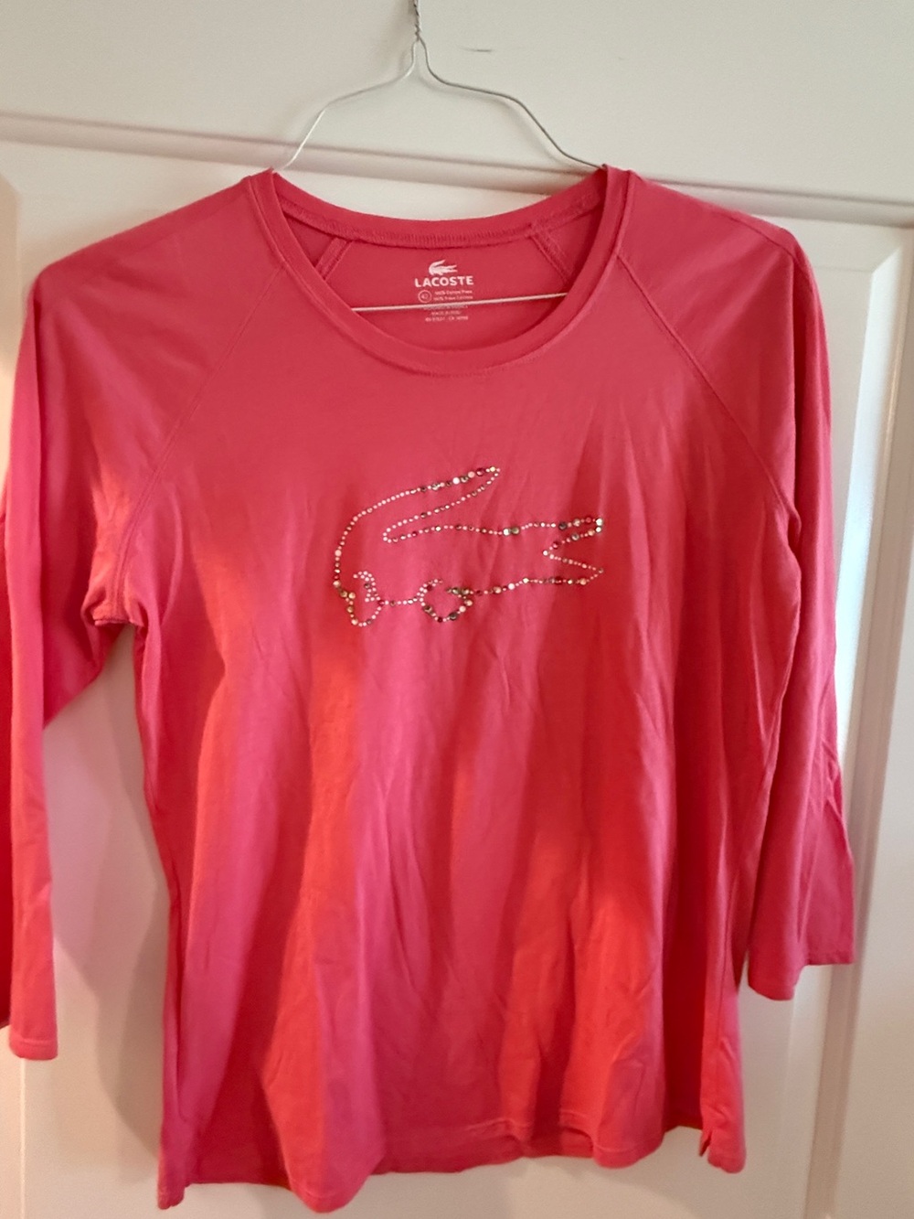 Lacoste Coral Pink Rhinestone Croc Long Sleeve Top